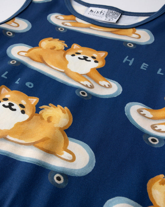 Close up of the Skate Puppy Dress print in midnight