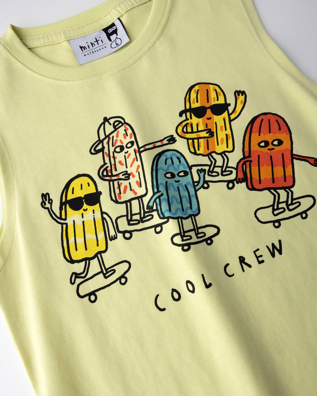 Close up of the Cool Crew Sleeveless Tee print in light zest
