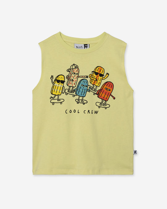 Cool Crew Sleeveless Tee in light zest, boys singlet by Minti, flat lay