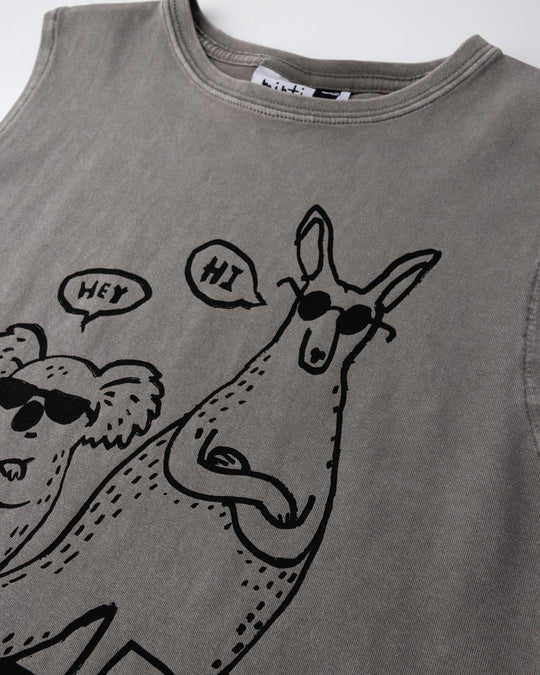 Close up of the Chill Mates Sleeveless Tee print in grey wash
