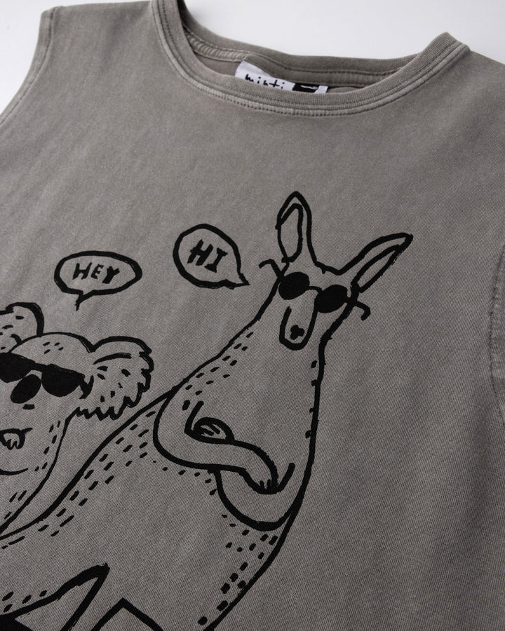 Close up of the Chill Mates Sleeveless Tee print in grey wash