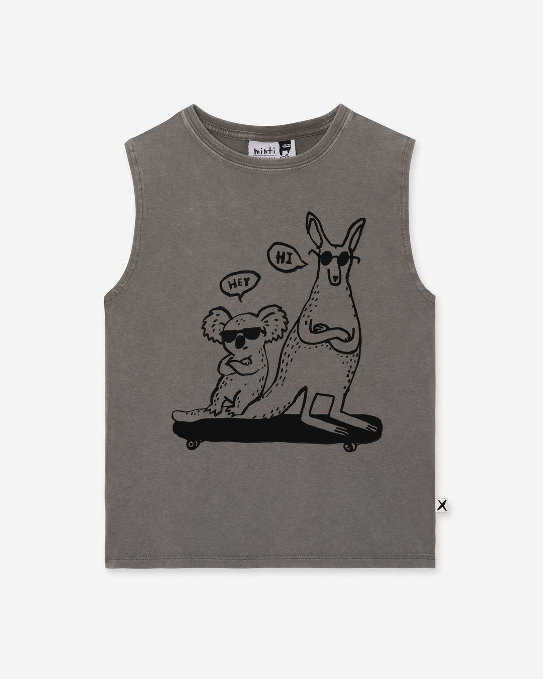 Chill Mates Sleeveless Tee in grey wash, boys singlet by Minti, flat lay