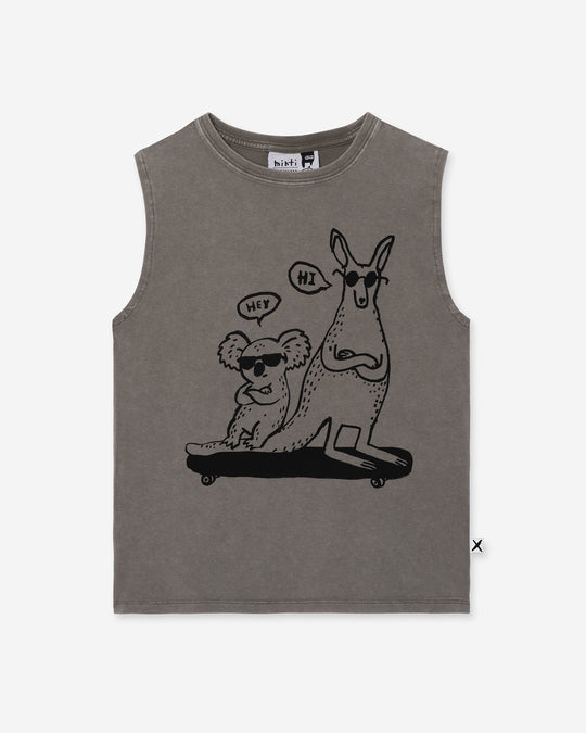 Chill Mates Sleeveless Tee in grey wash, boys singlet by Minti, flat lay