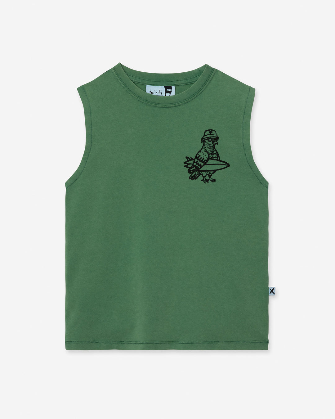 Hi Pigeon Sleeveless Tee in turf wash, boys singlet by Minti, flat lay