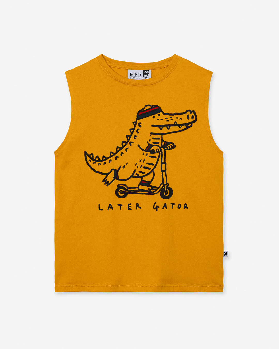 Later Gator Sleeveless Tee in mustard, boys singlet by Minti, flat lay