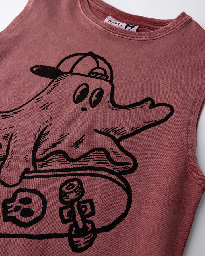 Close up of the Skate Ghost Sleeveless Tee print in burnt red wash