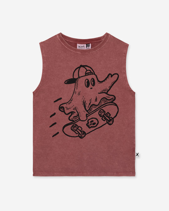 Skate Ghost Sleeveless Tee in burnt red wash, boys singlet by Minti, flat lay