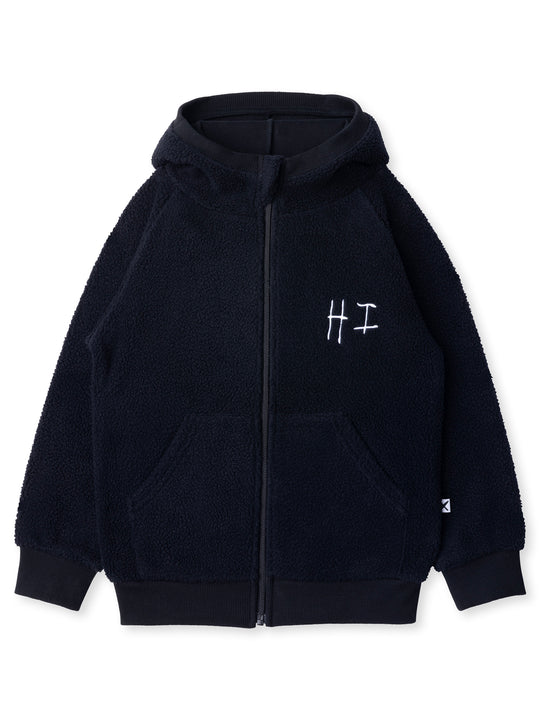 Minti kids clothing. Super cosy and soft Zip Up made in teddy with 2x2 rib cuffs and hem. Front pocket to keep hands warm. 70% Polyester // 30% Cotton.