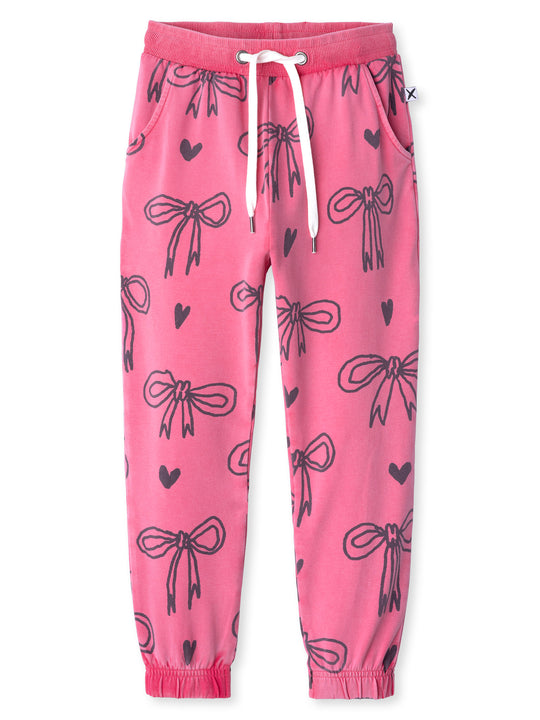 Minti kids clothing. Wider leg trackies with front pockets, shoelace cord, 2x2 rib elasticated waistband and gathered cuffs. 260 Gram // 95% Cotton // 5% Elastane.
