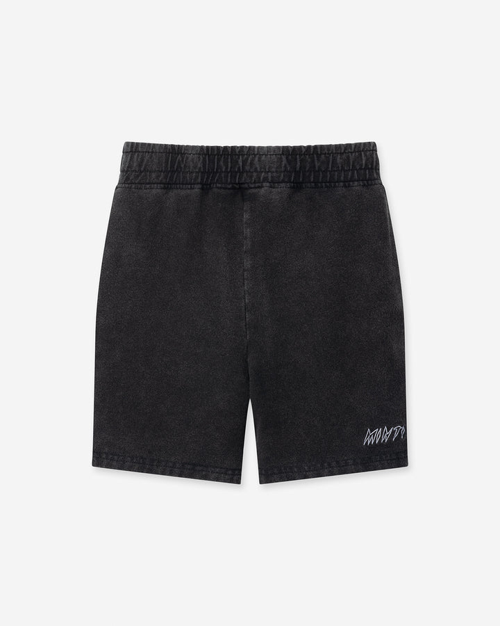 Blasted Panel Short in black wash, boys shorts by Minti, flat lay, back view