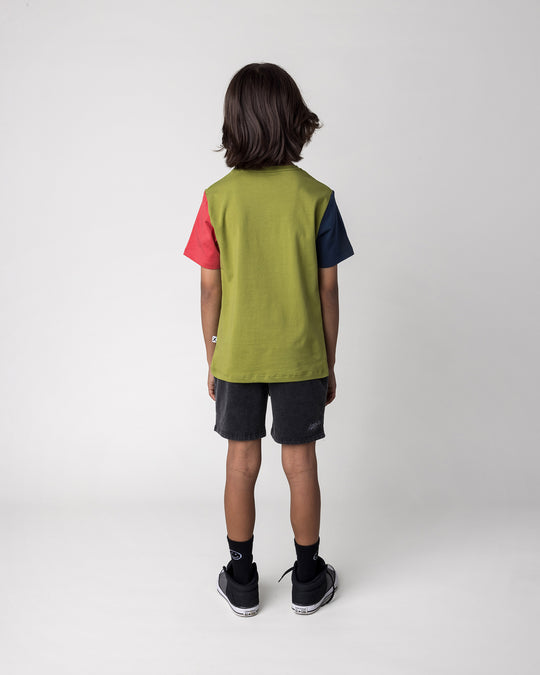 Kid wearing the Blasted Panel Short in black wash with the Rock Griffin Tee in olive, ink and melon, back view