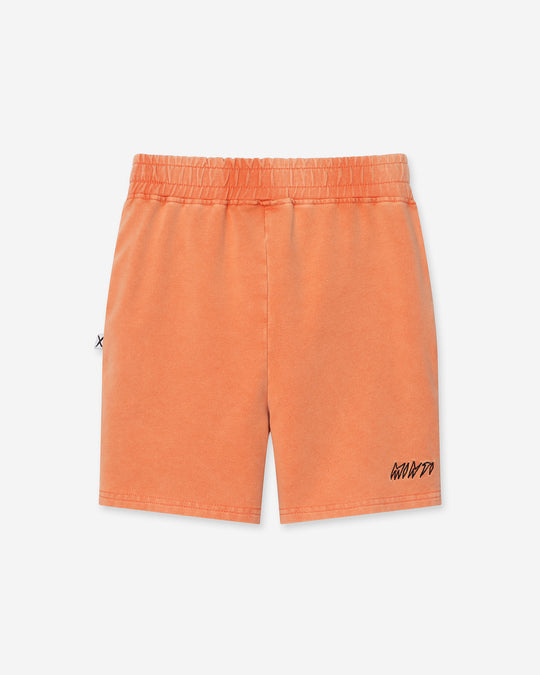 Blasted Panel Short in orange wash, boys shorts by Minti, flat lay
