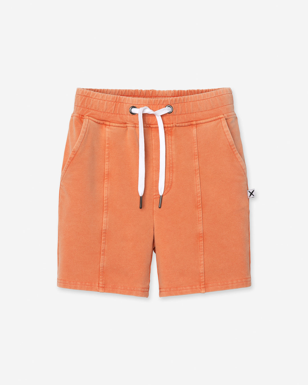 Blasted Panel Short in orange wash, boys shorts by Minti, flat lay