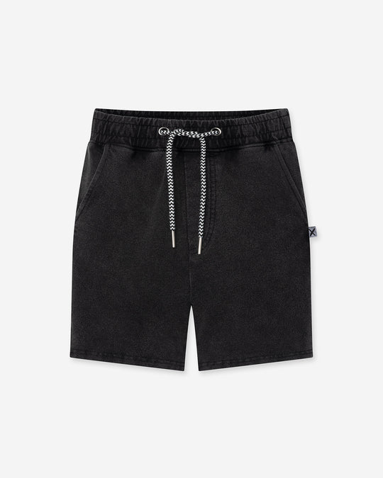 Blasted Icon Short in black wash, boys shorts by Minti, flat lay