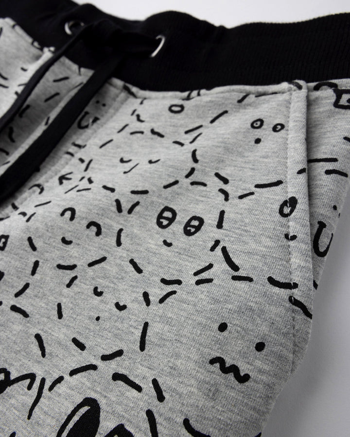 Close up detail of the Different Faces Short in grey marle and black