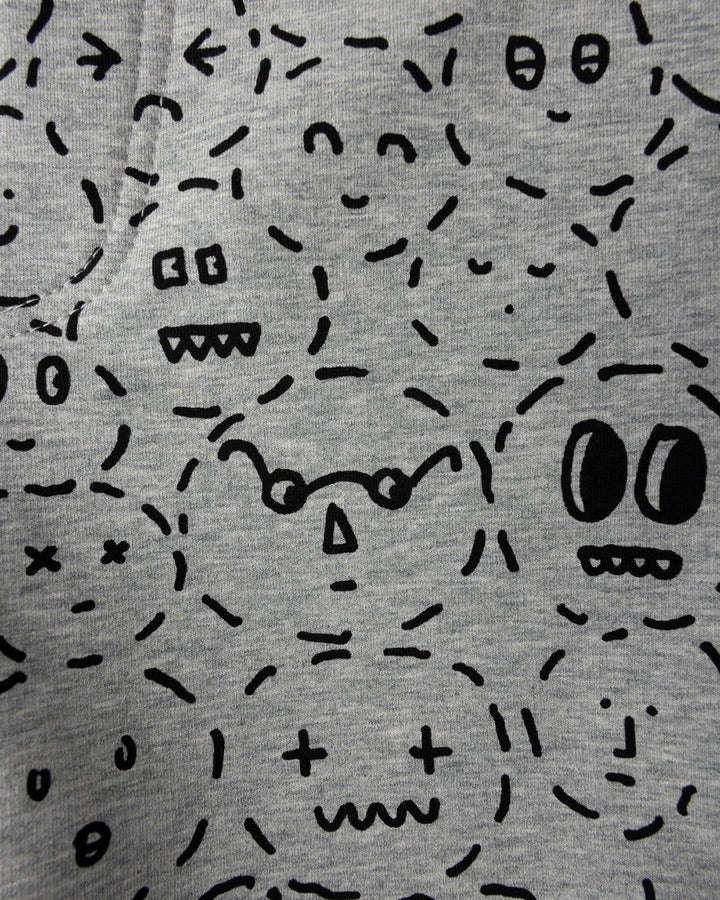 Close up of the Different Faces Short print in grey marle and black