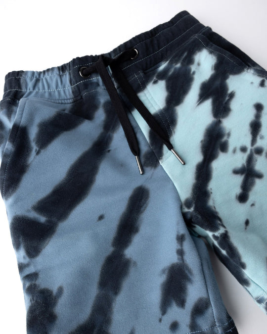 Close up of the Duo Tie Dye Short print in blue and aqua