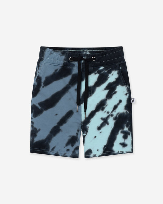 Duo Tie Dye Short in blue and aqua, boys shorts by Minti, flat lay