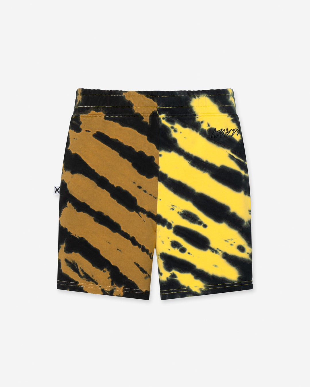Duo Tie Dye Short in lemon and rust, boys shorts by Minti, flat lay