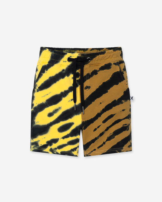 Duo Tie Dye Short in lemon and rust, boys shorts by Minti, flat lay