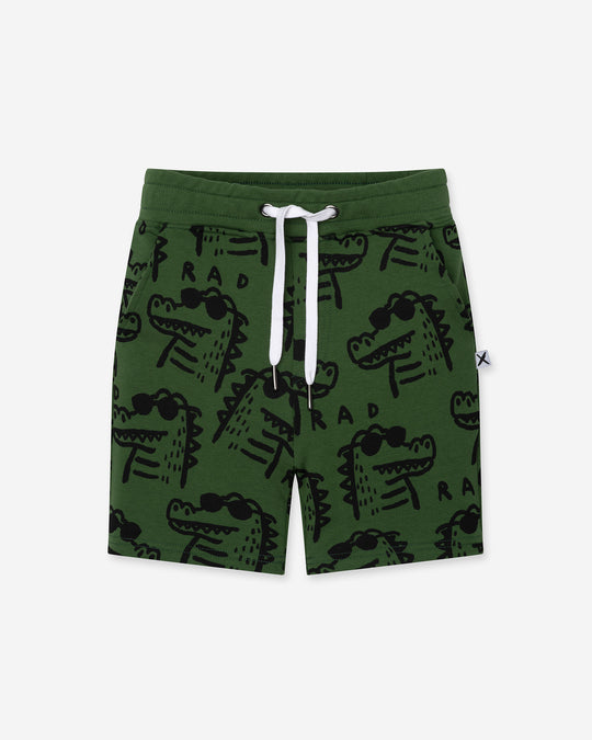 Rad Croc Short in green, boys shorts by Minti, flat lay