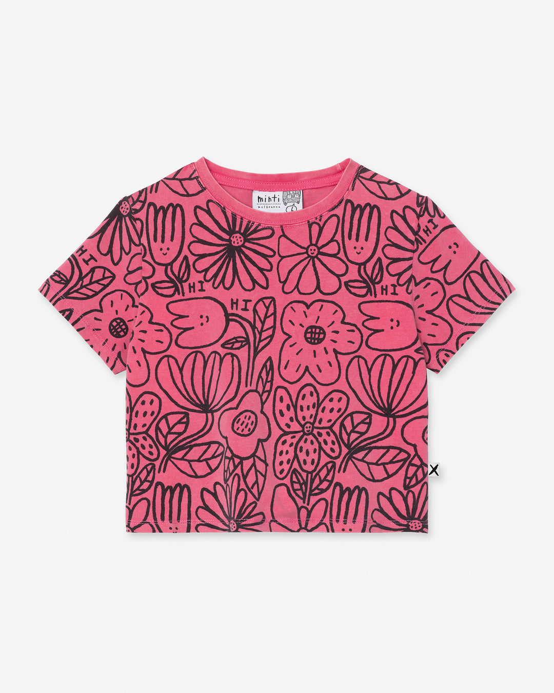 Big Flowers Cropped Tee in pink wash, girls crop top by Minti, flat lay