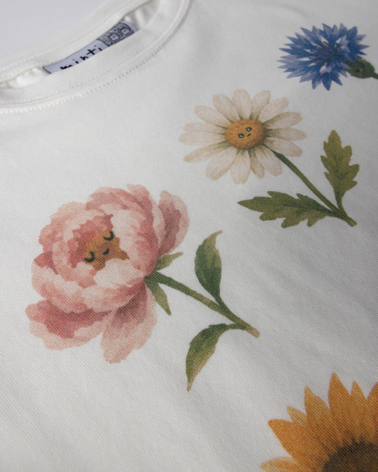 Close up of the Flower Friends Cropped Tee print in white