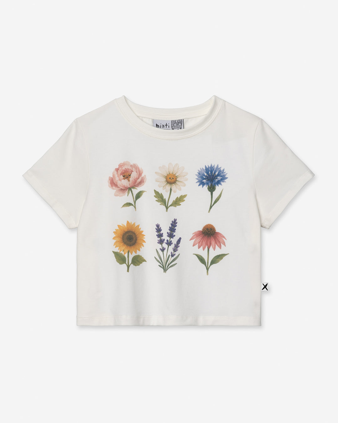 Flower Friends Cropped Tee in white, girls crop top by Minti, flat lay