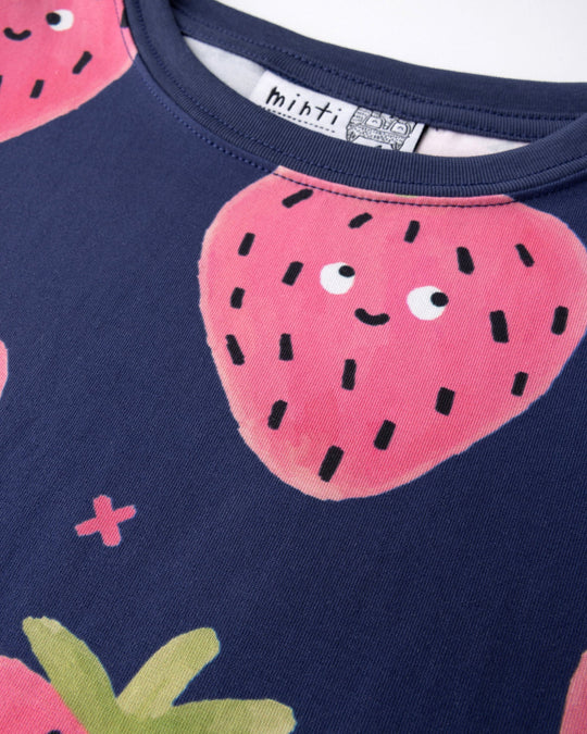Close up detail of the Happy Strawberry Cropped Tee in turquoise