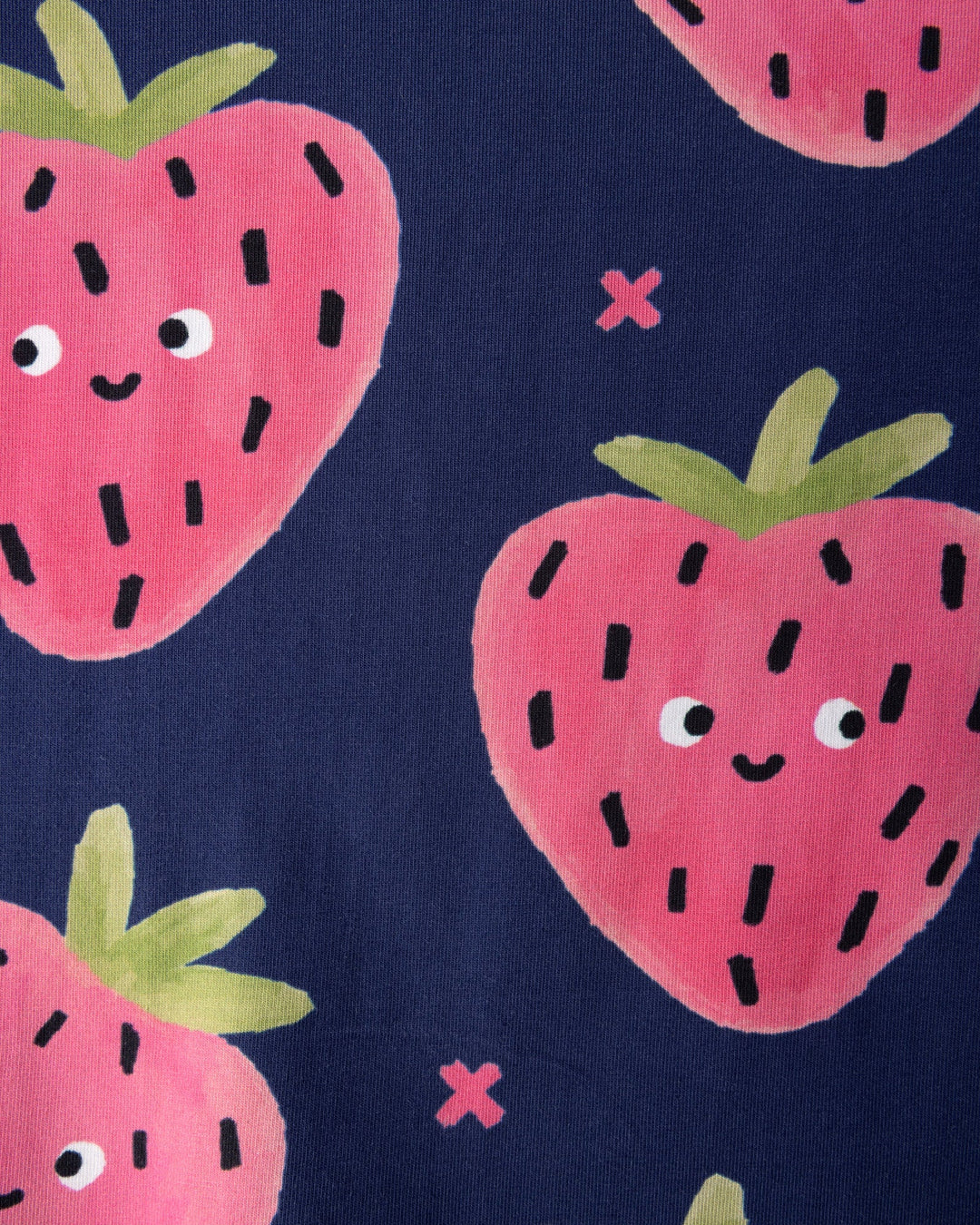 Close up of the Happy Strawberry Cropped Tee print in turquoise
