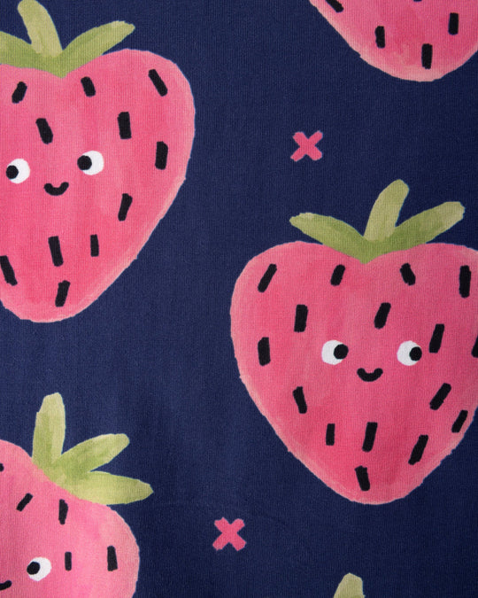 Close up of the Happy Strawberry Cropped Tee print in turquoise