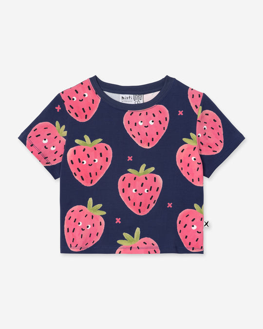 Happy Strawberry Cropped Tee in turquoise, girls crop top by Minti, flat lay