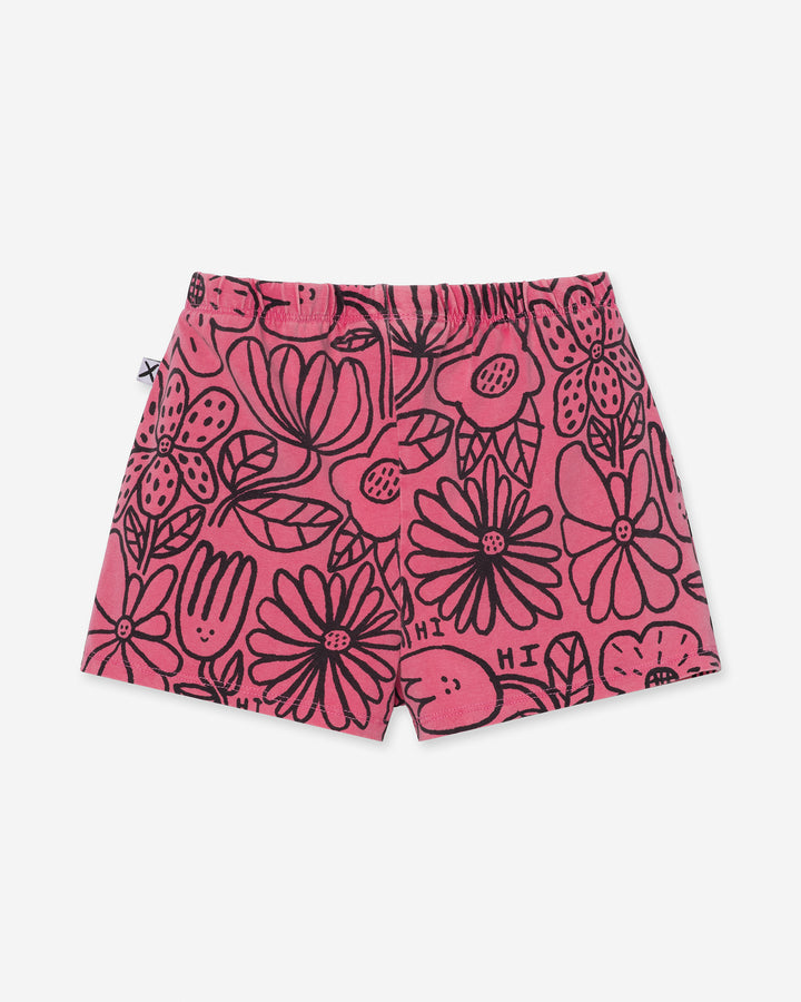 Big Flowers Short in pink wash, girls shorts by Minti, flat lay, back view