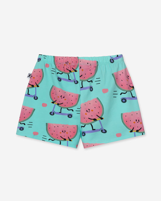 Scooting Watermelon Short in light mint, girls shorts by Minti, flat lay, back view