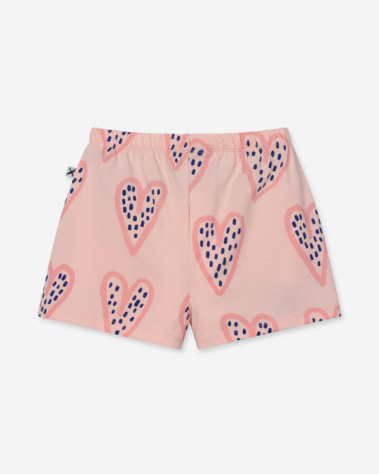 Speckle Heart Short in pink, girls shorts by Minti, flat lay