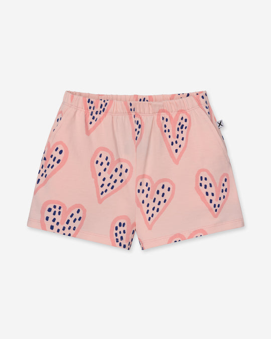 Speckle Heart Short in pink, girls shorts by Minti, flat lay