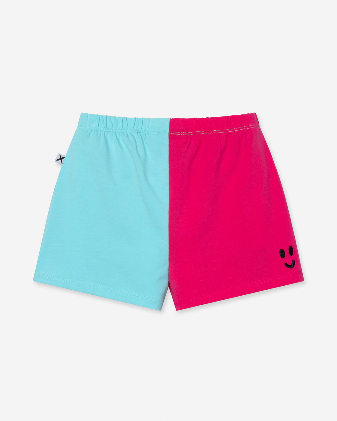 Two Tone Short in hot pink and aqua, girls shorts by Minti, flat lay