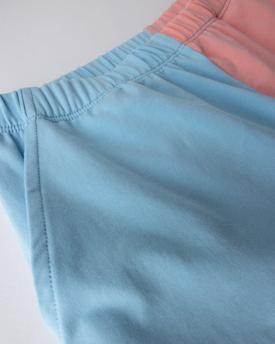 Close up detail of the Two Tone Short in light blue and pink