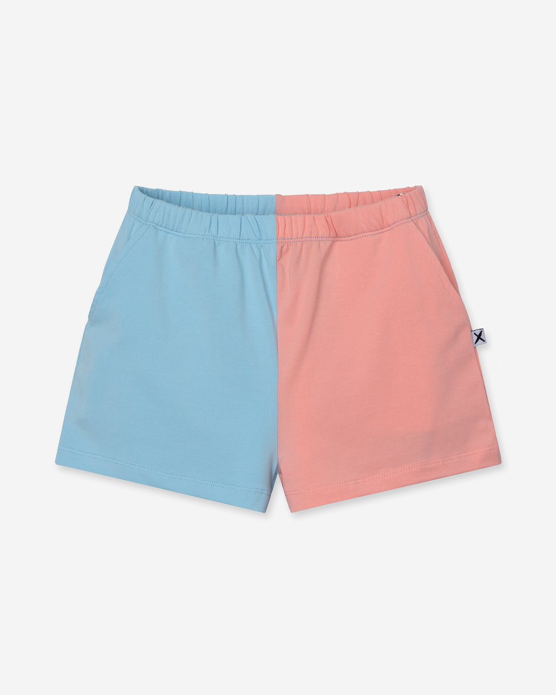 Two Tone Short in light blue and pink, girls shorts by Minti, flat lay
