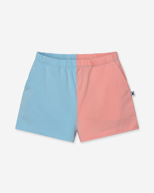 Two Tone Short in light blue and pink, girls shorts by Minti, flat lay