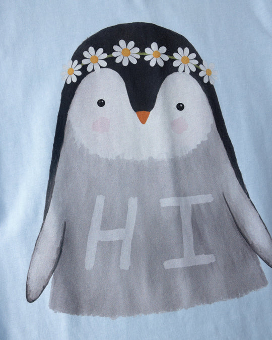 Close up of the Flower Penguin Tee print in light blue