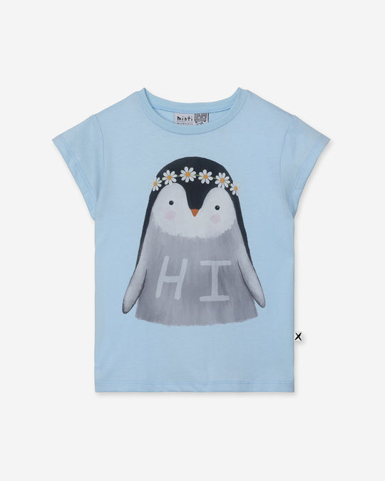 Flower Penguin Tee in light blue, girls t shirt by Minti, flat lay