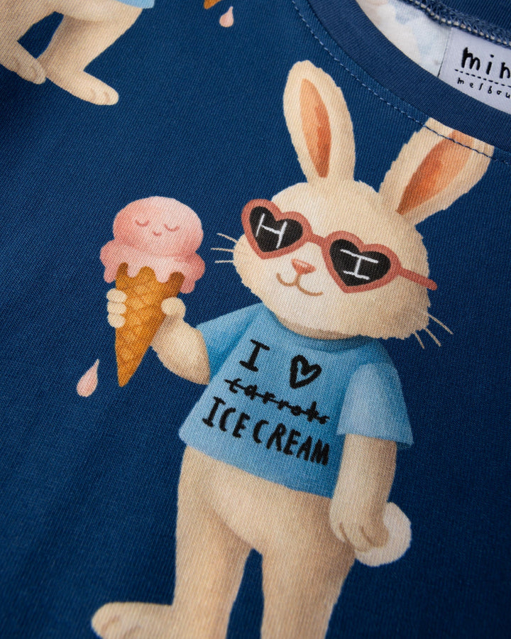 Close up of the Icecream Bunny Tee print in blue