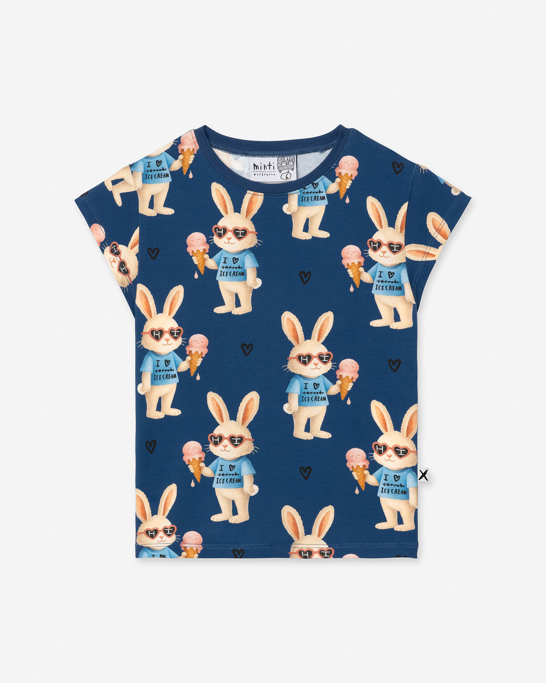 Icecream Bunny Tee in blue, girls t shirt by Minti, flat lay