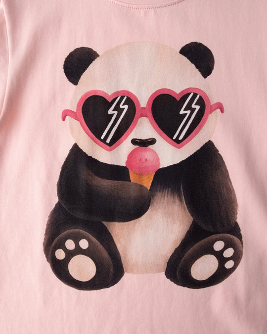 Close up of the Icecream Panda Tee print in light pink