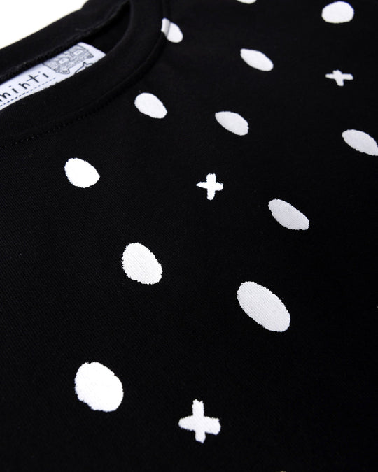 Close up of the Spotty Dress print in black