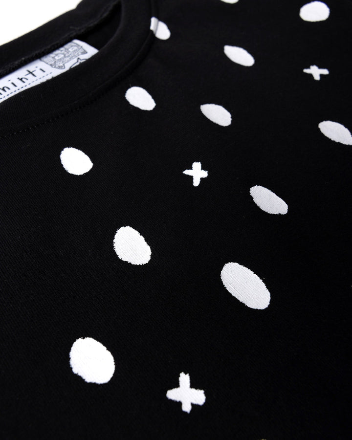 Close up of the Spotty Dress print in black