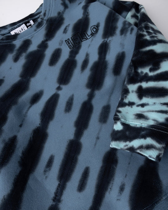 Close up of the Duo Tie Dye Crew print in blue and aqua
