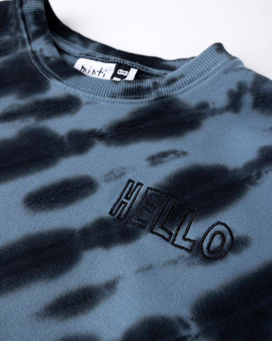Close up detail of the Duo Tie Dye Crew in blue and aqua