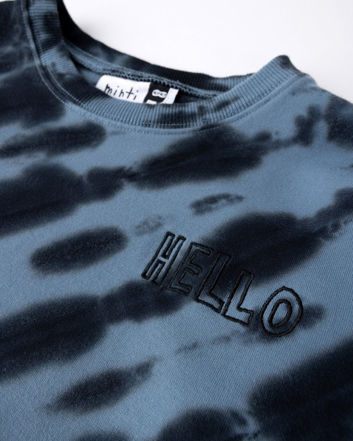 Close up detail of the Duo Tie Dye Crew in blue and aqua